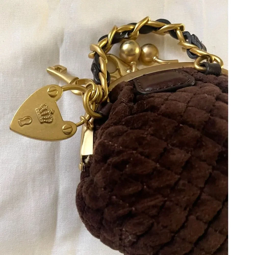 Vintage Juicy Couture Y2K Brown Coin Purse Bag Royal Crown Love Me Heart & Key